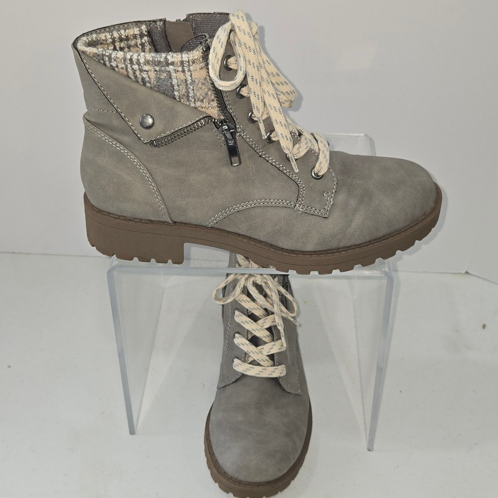 Pop Gracious Grey Combat Boots Plaid Cuff Lace Up Side Zip Lug Sole Womens 8.5M